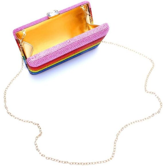 Women Rainbow Crystal Evening Bag Slim Clutch Handbag with Chain for Prom Party - Picture 5 of 6